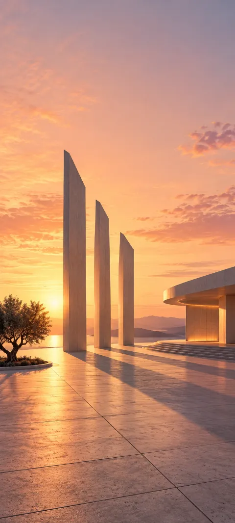 Three tall concrete fins and a curved pavilion on a sunrise lit plaza.