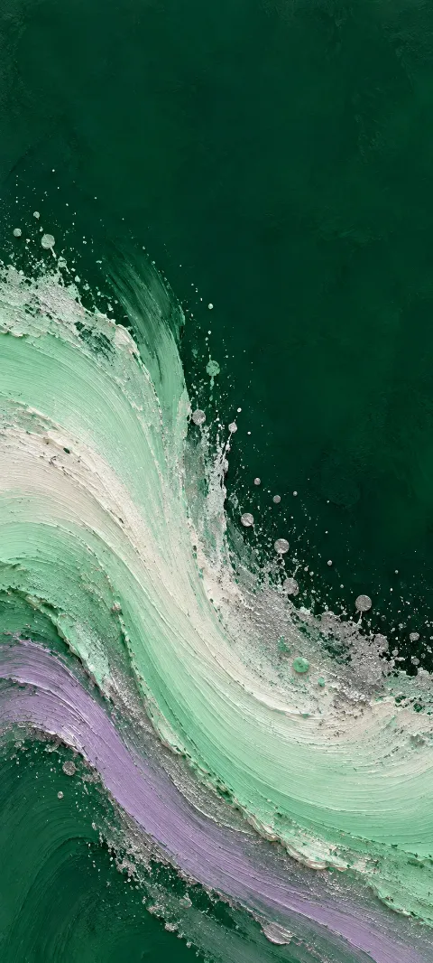 Mint and ivory paint arc with lavender stroke and silver droplets on emerald.