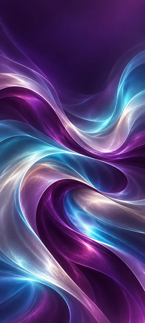Plum, cyan, and silver ribbons fold through a violet abstract field.