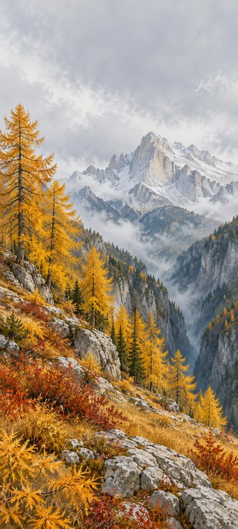 Golden larches beside a rocky ravine with snowy limestone peaks beyond.