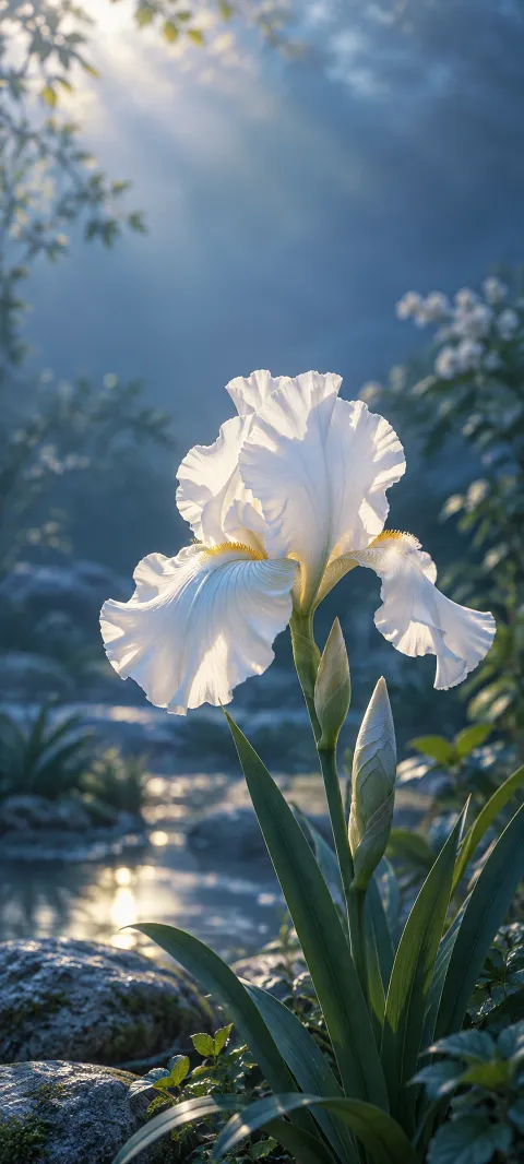 A white iris opens against soft blue garden shadow.