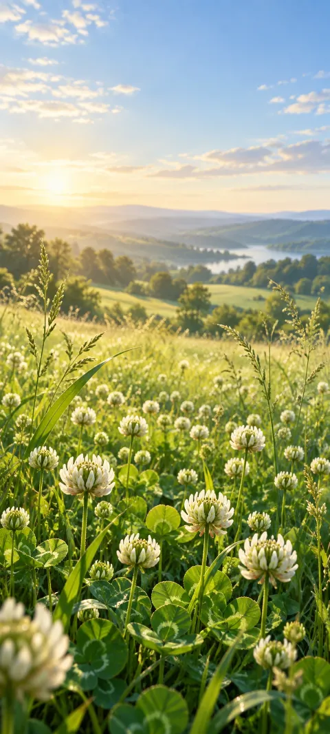 White clover heads rise through a sunlit meadow.