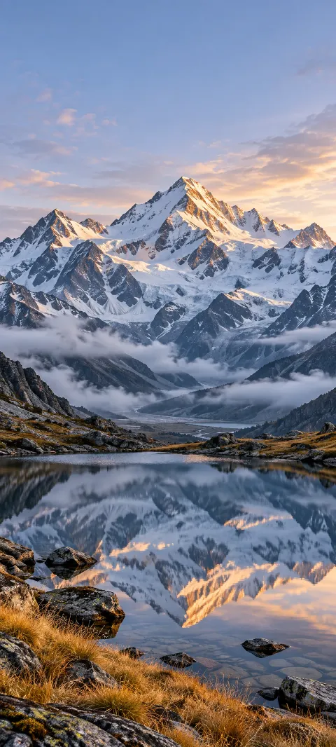 Snow-capped peaks and drifting valley clouds reflect in a still alpine tarn.