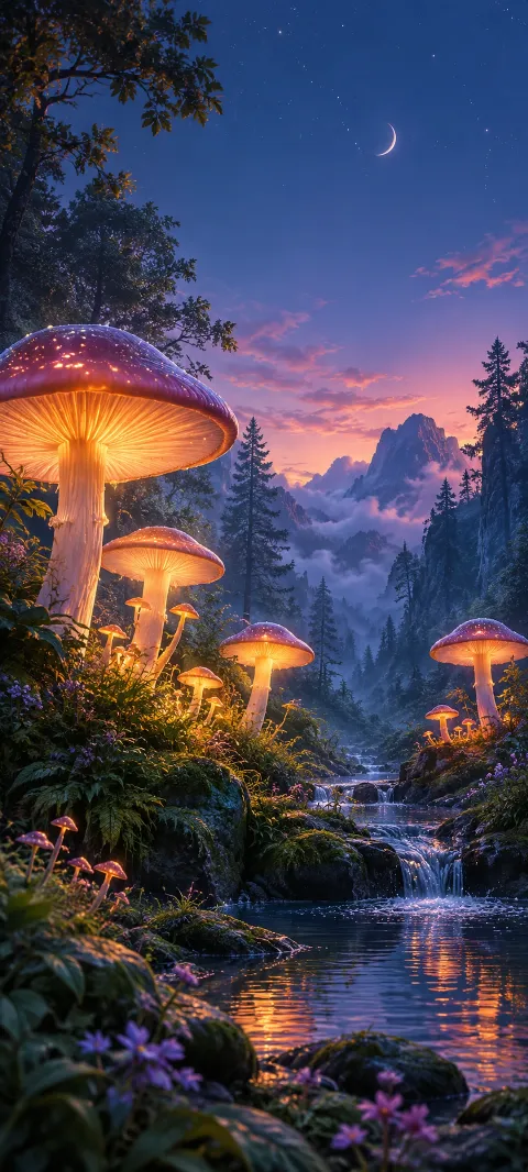 Luminous toadstools line a quiet forest glen.
