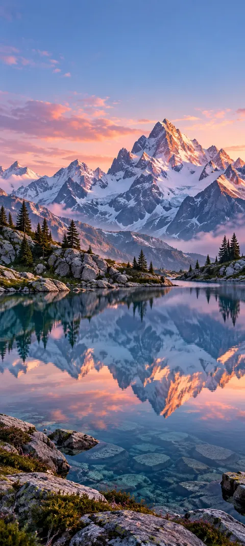 Frosted crags mirror in a still tarn.