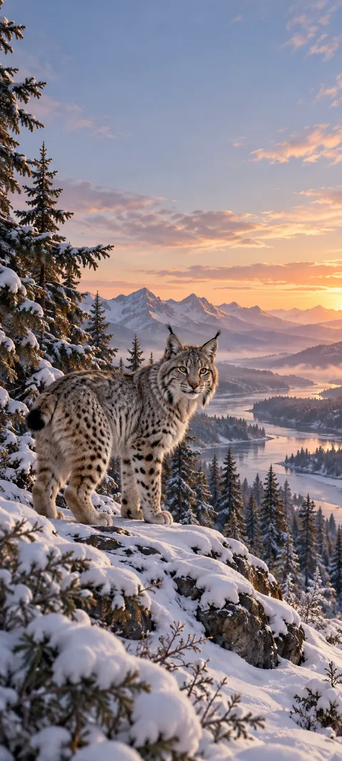 A lynx on a snowy ledge above a mountain lake in peach light.