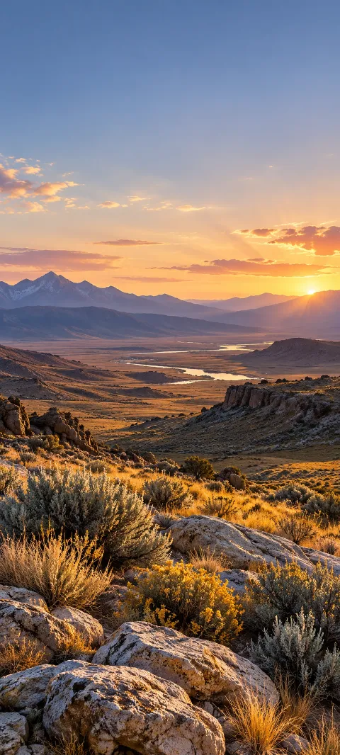 Sagebrush and pale stones catch low light across a dry valley.