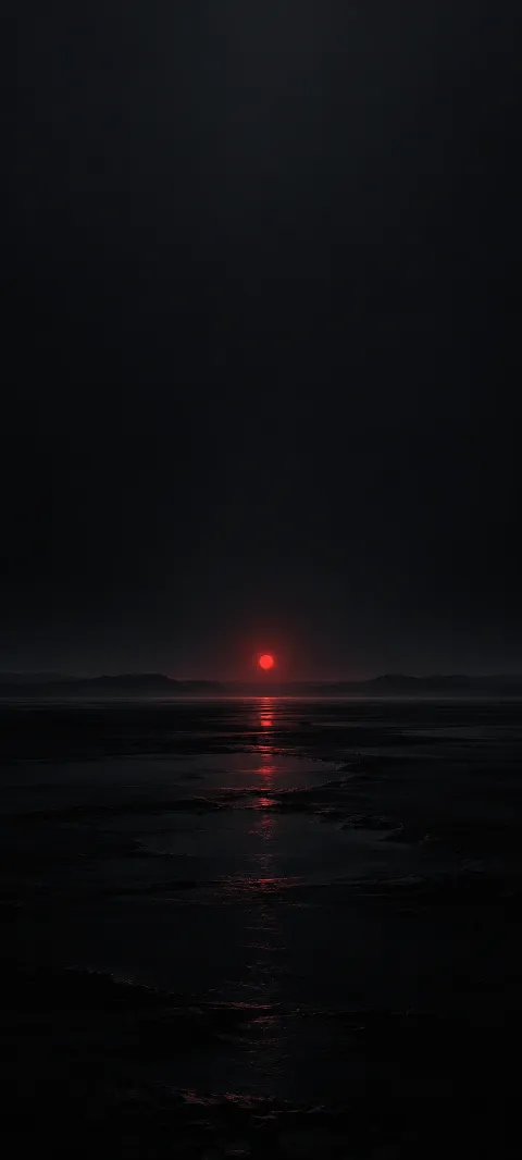 A small red point rests above a dark horizon.