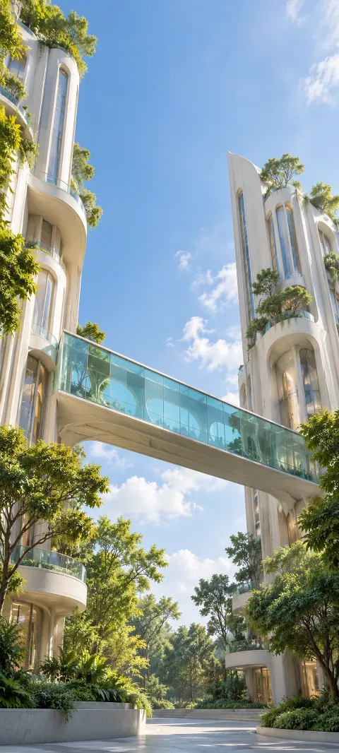 A cyan glass skywalk between planted ivory towers around a blue sky opening.