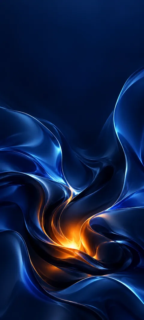 Glossy deep blue fluid folds around a small orange glow.