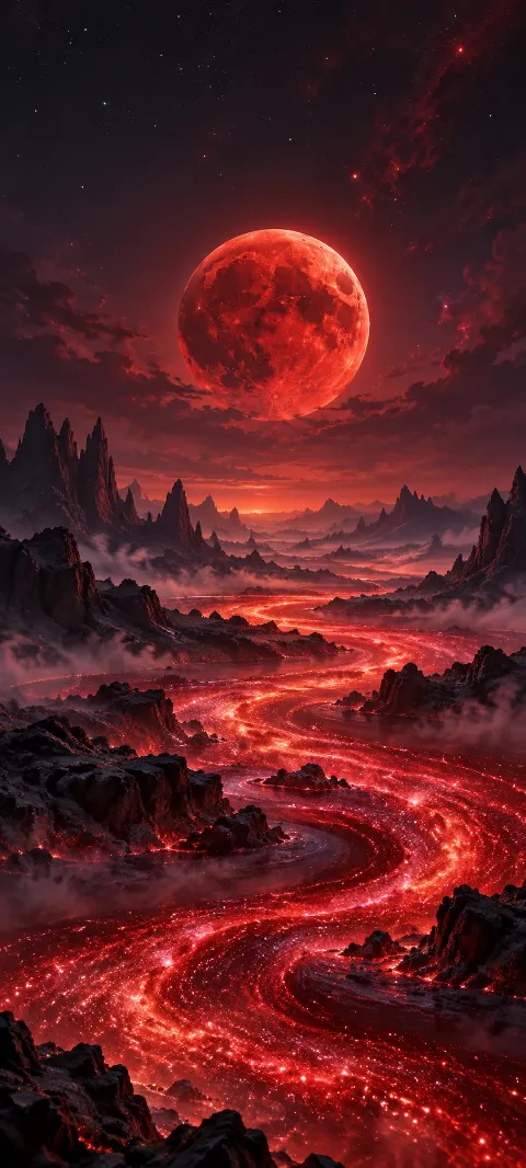 A crimson moon hangs over red cosmic dust.