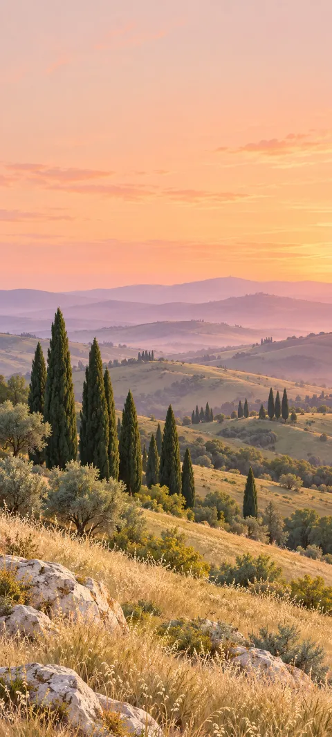 Slender cypresses among rolling sage hills and dry grass under peach dawn.