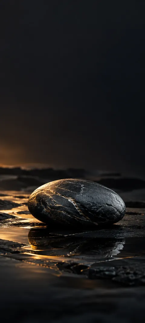 A dark slate pebble rests on a nearly black plane.