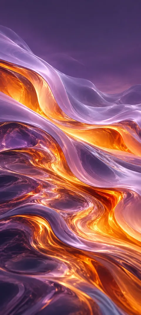 Lavender glasslike folds flowing over glowing orange molten bands.