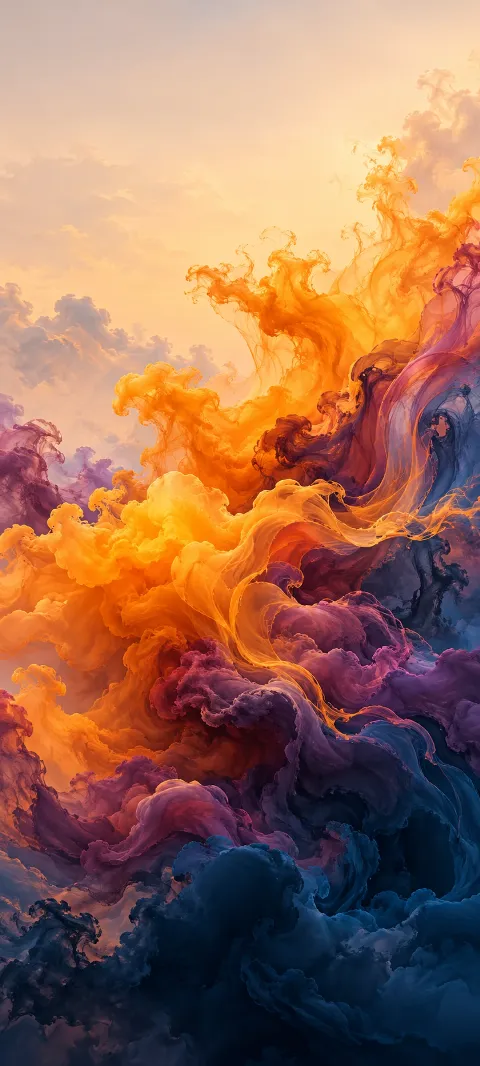 Curling saffron ink-like plumes above plum and navy abstract layers.