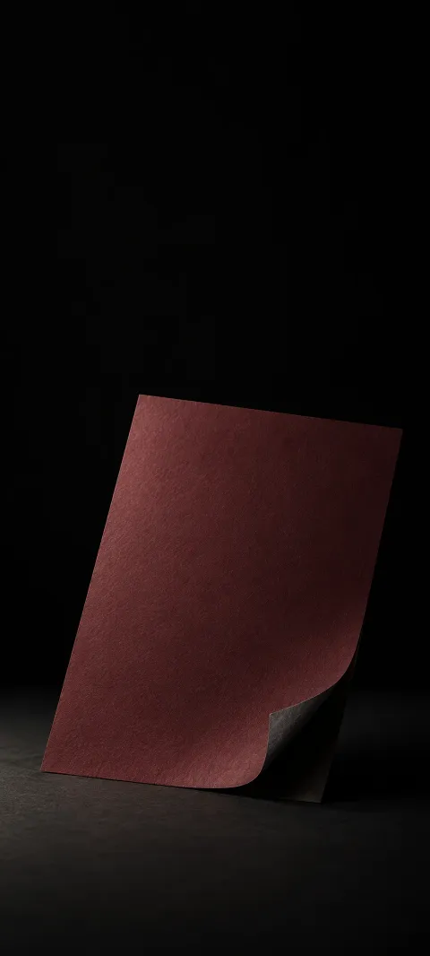A burgundy paper sheet with a curled corner revealing charcoal backing against black.