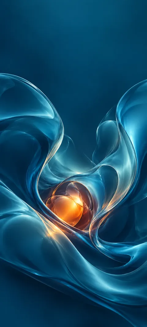 Abstract blue glasslike waves surrounding a glowing orange center.
