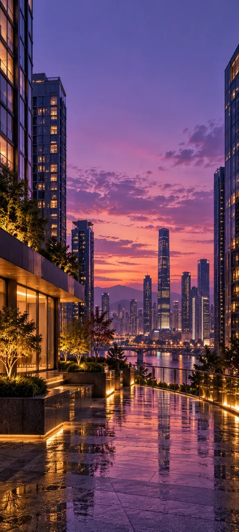 Violet dusk settles between buildings and glowing windows.