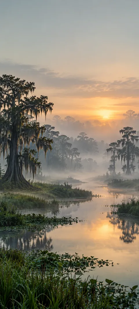 Cypress silhouettes line a winding channel in low morning fog.