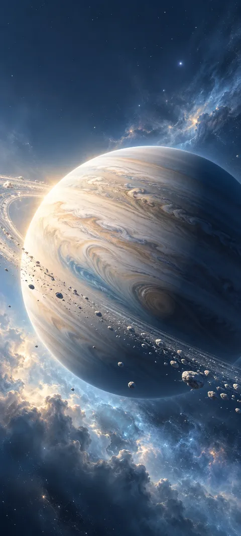 A pearl-colored planet turns through a soft blue shadow.
