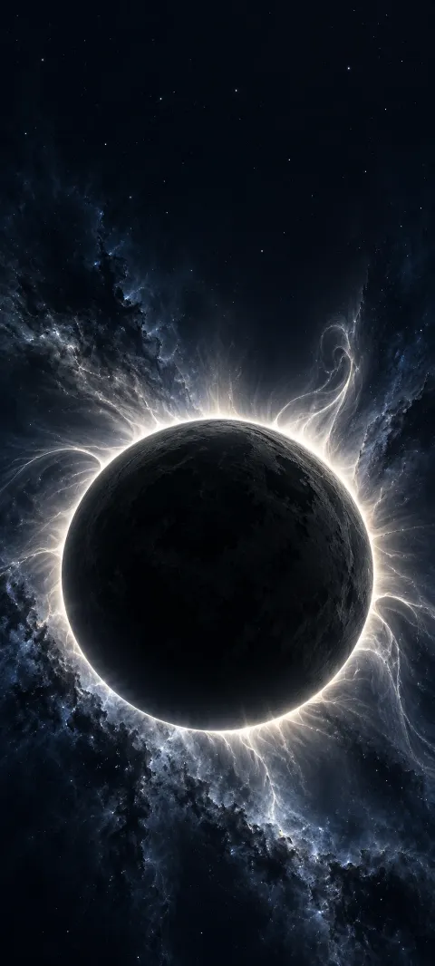 A whole dark eclipsed planet surrounded by a silver corona and navy cosmic dust.