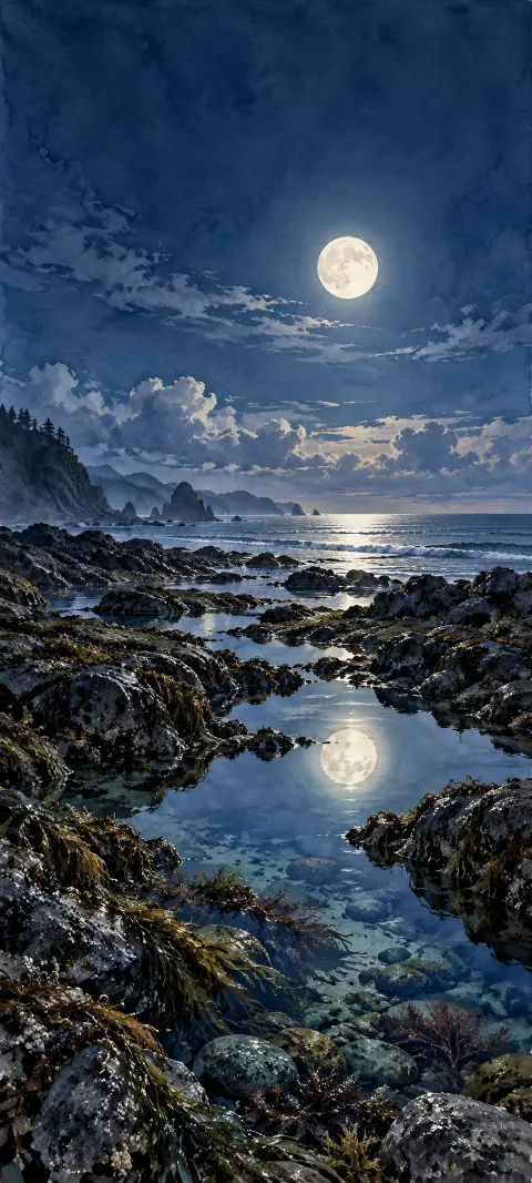 Full moon over dark rocky tide pools and a silver ocean horizon.