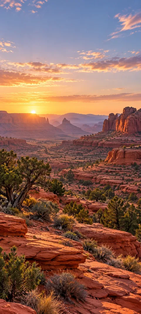 Juniper shrubs and red rock shelves form a quiet red-rock basin.
