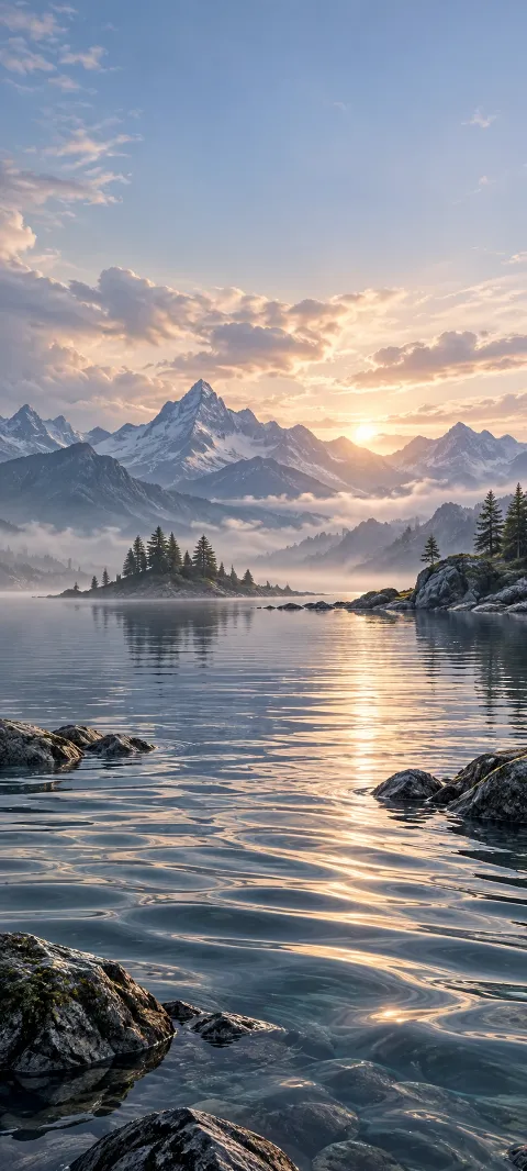 Silver ripples on a mountain lake beneath pale clouds.