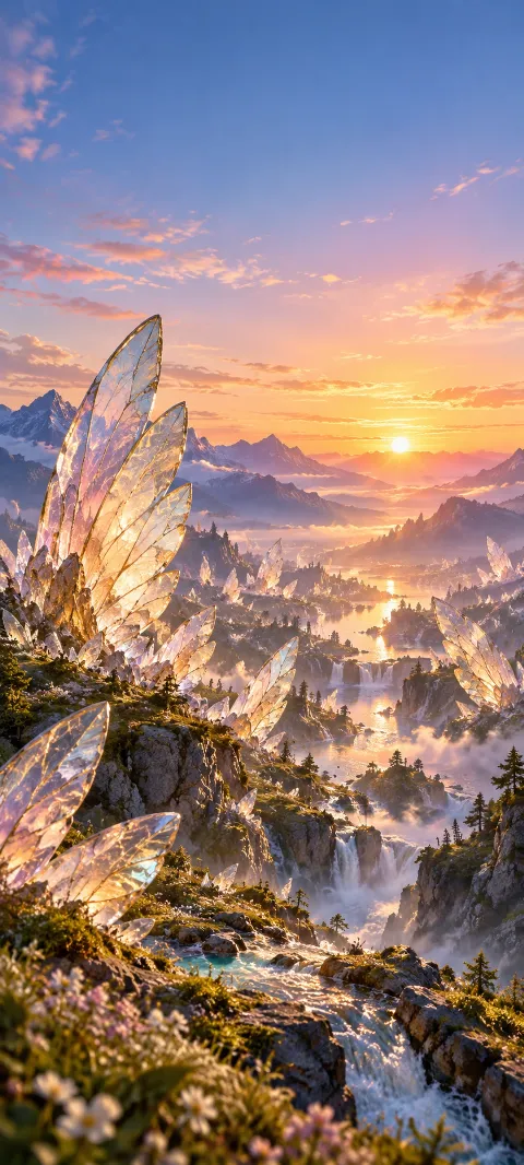A valley of transparent wing-shaped stones catches sunrise.