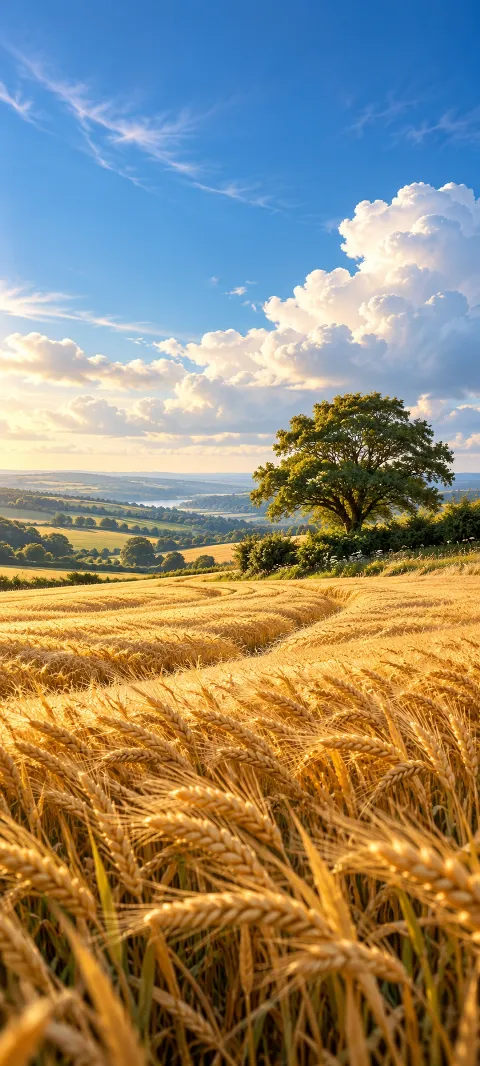 Golden wheat ripples toward a lone hedgerow beneath summer clouds.