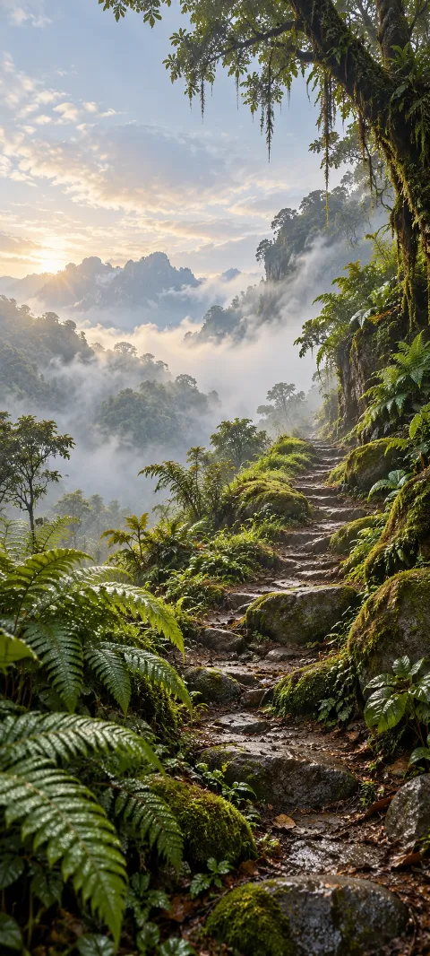 A fern-lined footpath climbs through misty cloud forest light.