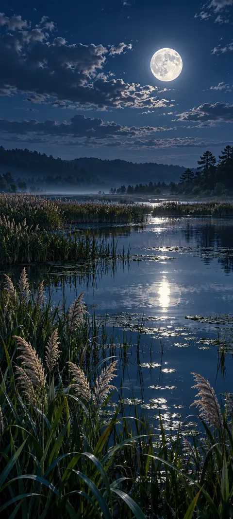 Tall reeds ring a quiet lagoon beneath a cool moonlit sky.
