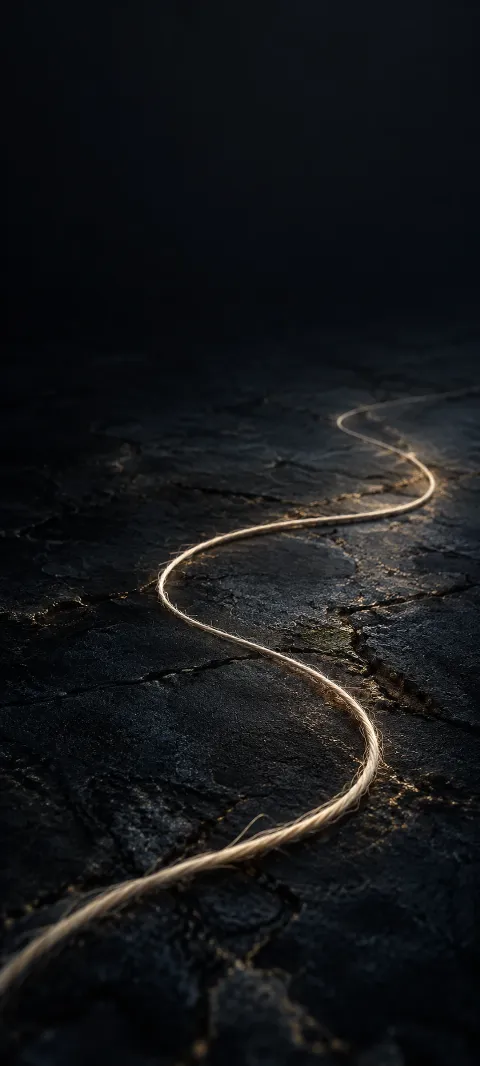 A pale thread curves across a black surface.