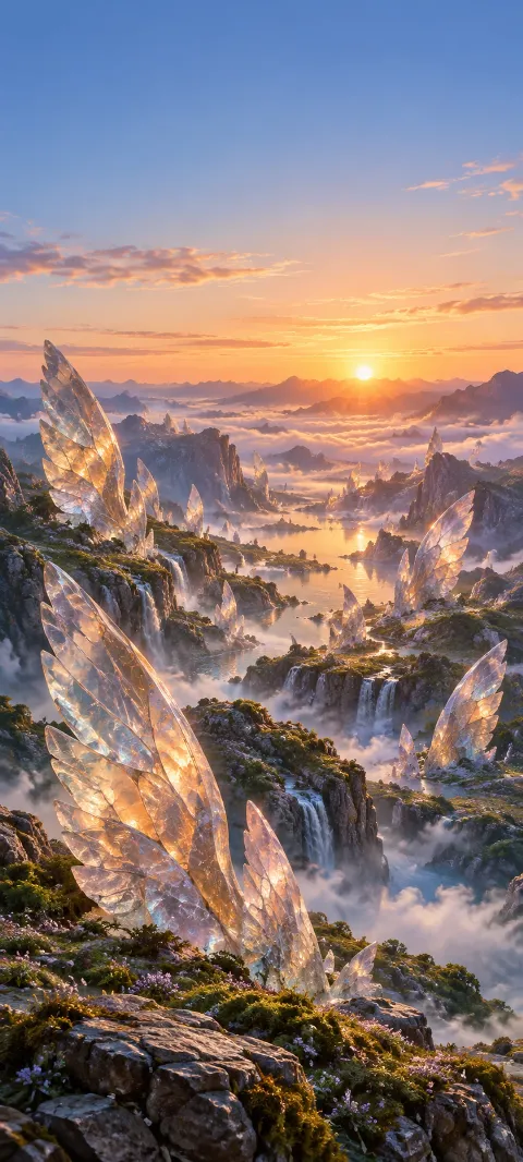 Wing-shaped crystals above waterfalls in a misty imagined valley.