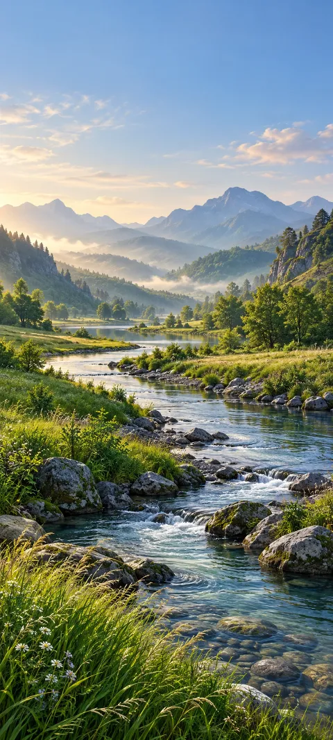 Bluegrass banks curve around a slow river beneath distant trees.
