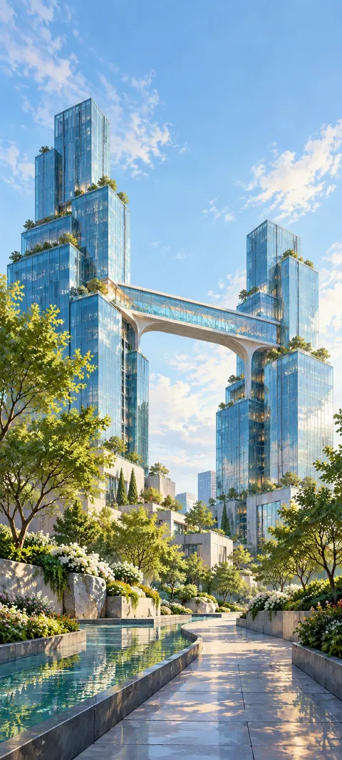 Blue glass towers connected by a skybridge above a garden path and reflecting water.