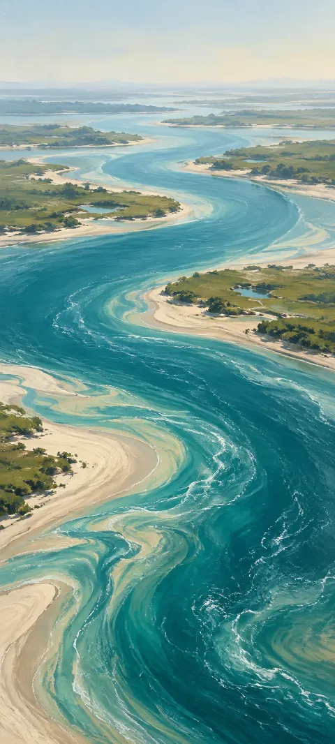 Broad teal river with pale swirling currents winding between sand bars and olive marsh islands.
