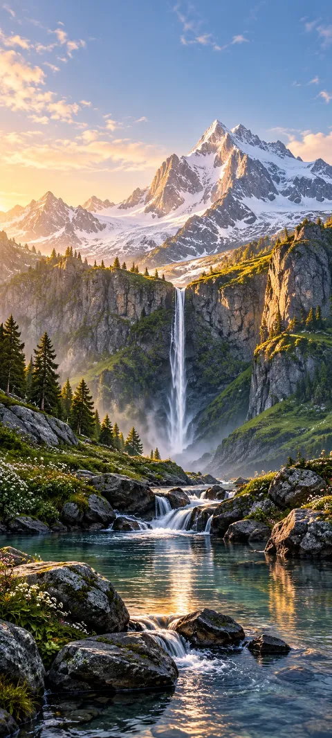 A thin waterfall drops from a bright mountain shelf.