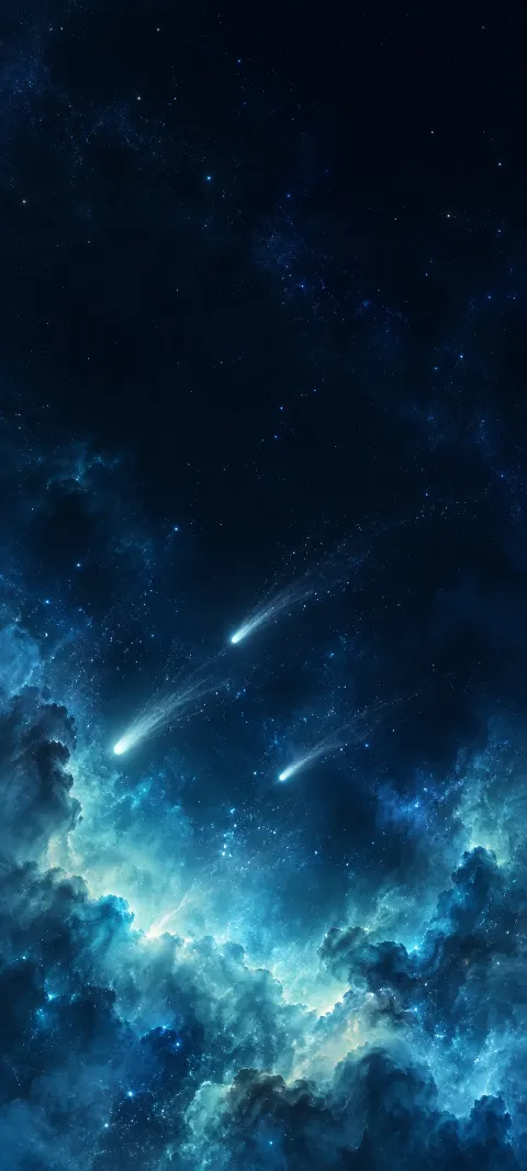 Three pale comets with delicate tails above blue cosmic clouds.