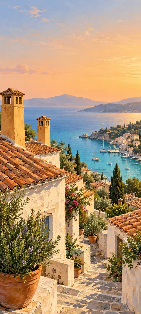 Whitewashed hillside houses with terracotta roofs, potted herbs and steps overlooking a turquoise harbor.