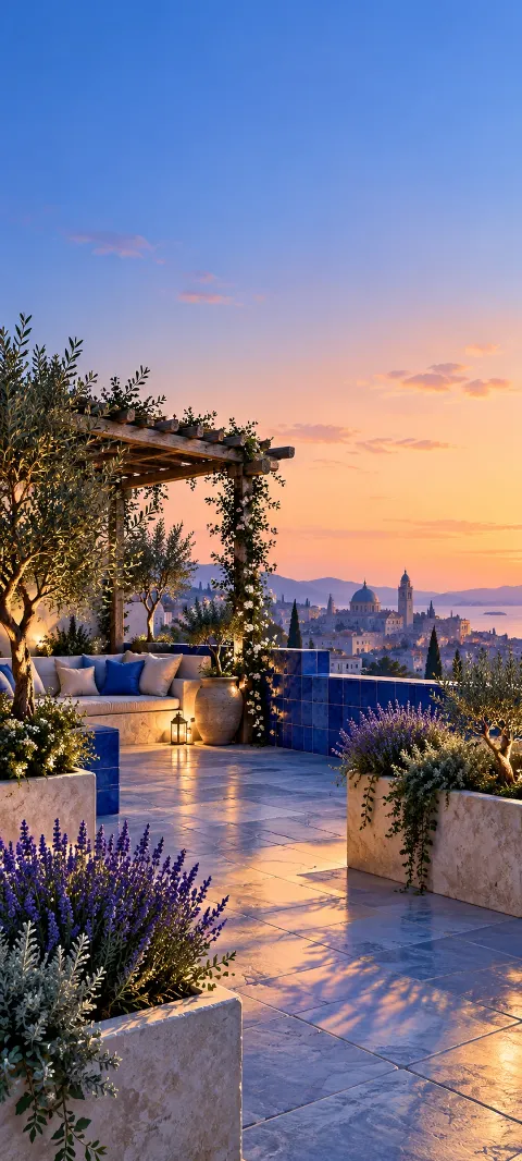 Cobalt tiled rooftop terrace with pergola, olive tree, flowers, and distant coastal city.