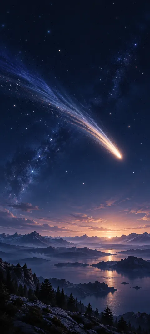 A slender comet crosses an indigo field of sparse stars.