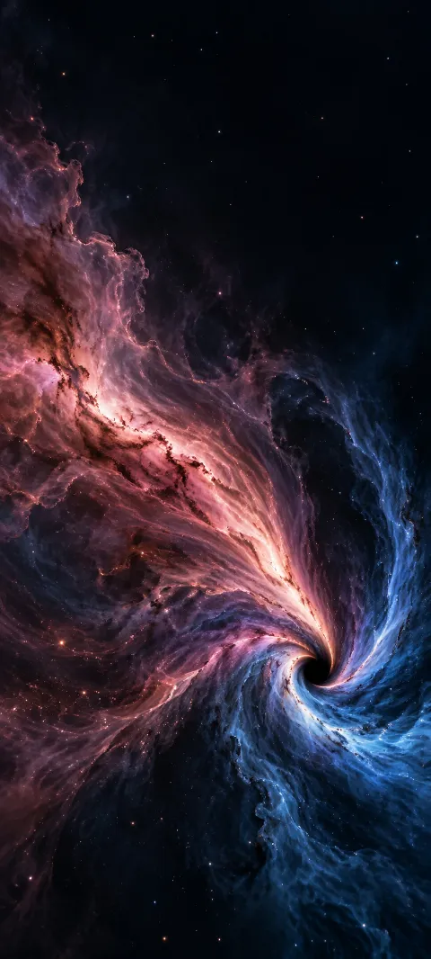 Rose and cobalt interstellar clouds spiraling toward a dark opening below sparse stars.