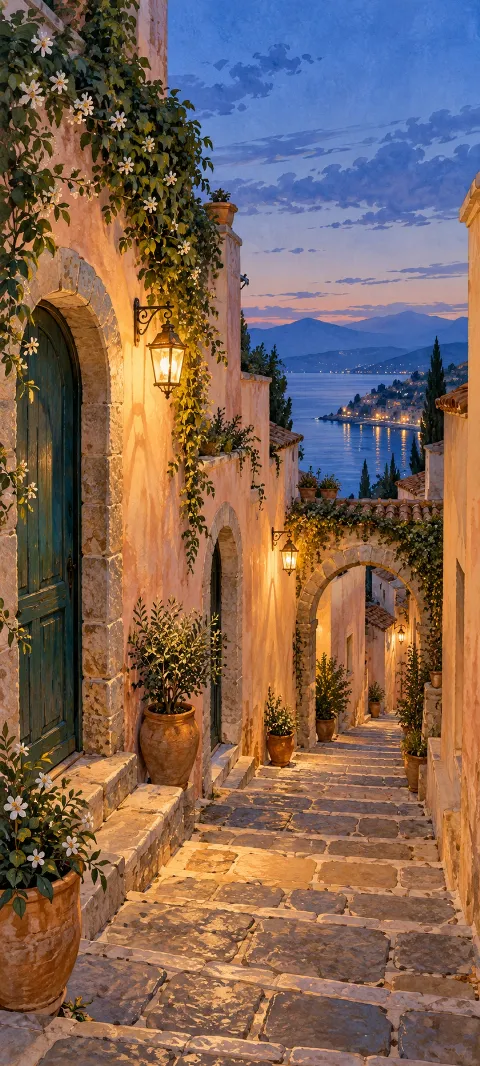 Lantern-lit stone steps descend between peach walls and flowering vines toward a blue twilight bay.