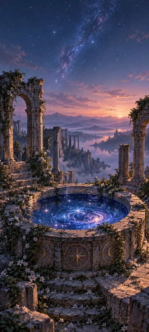 Imagined ruins surround a well filled with starlight.