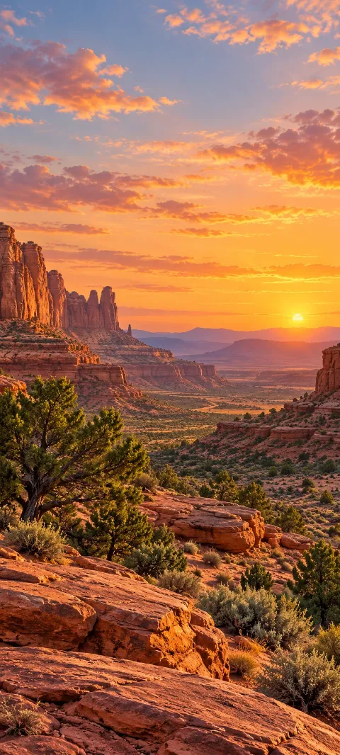 Juniper shrubs and layered red rock shelves beneath a golden desert sunset.