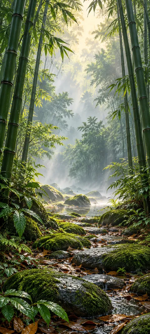 Wet bamboo forest around mossy stones, fallen leaves and a misty clearing.