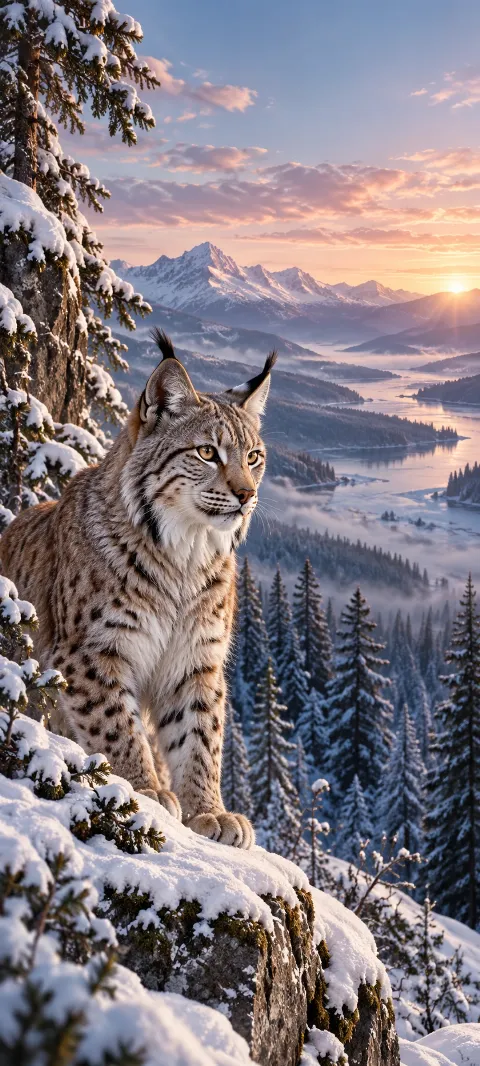 A lynx watches from a snowy spruce edge.