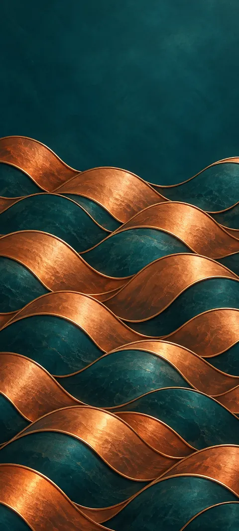Repeating copper wave tiles interlock over deep teal.