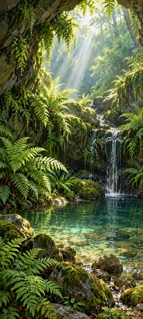 Fern grotto with moss covered rocks, a small waterfall and green pool in morning light.